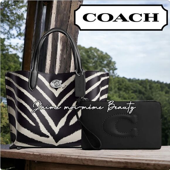 RETAIL Coach Zebra Print Willow Bucket Bag + Black Coach "Pillow" Wristlet - Picture 1 of 16